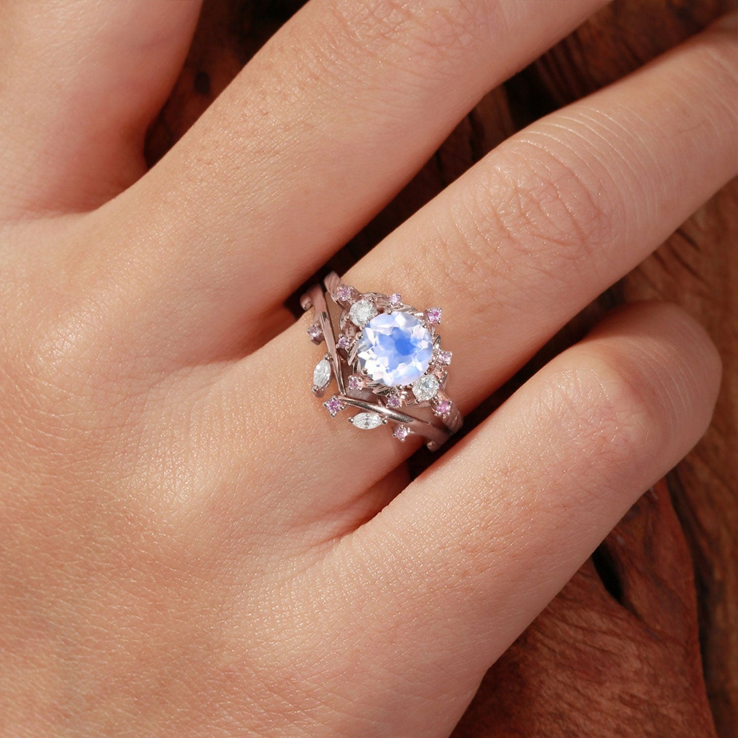 Unique floral engagement rings Round Moonstone and Moissanite Ring Set