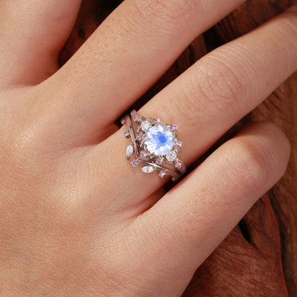 Unique floral engagement rings Round Moonstone and Moissanite Ring Set
