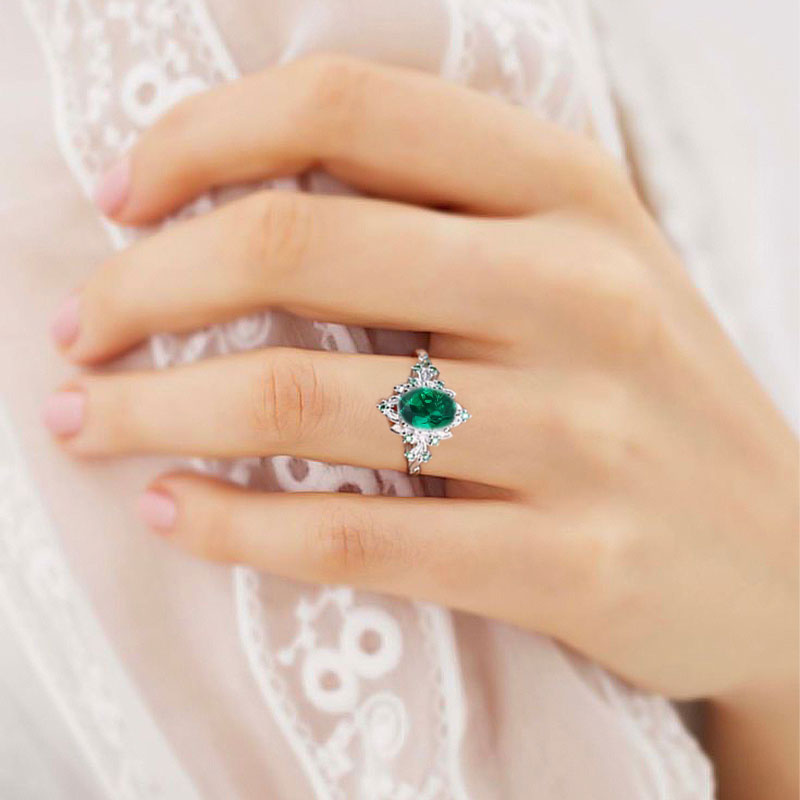 Vintage Briar Rose Halo Oval Lab Emerald Engagement Ring Olive Leaves Ring