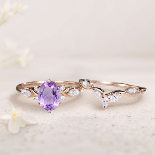 Vintage Oval Amethyst and Moissanite Curved Wedding Ring Set Bridal Ring Set