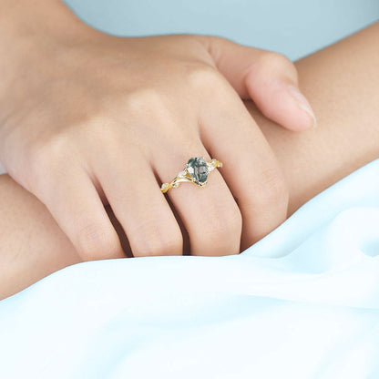 Unique floral engagement rings Pear Moss Agate Engagement Ring Branching Bridal Ring