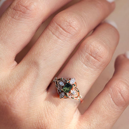 Unique Enchanted Elvindell Starbrite Cut Emerald Green Lab Sapphire Ring