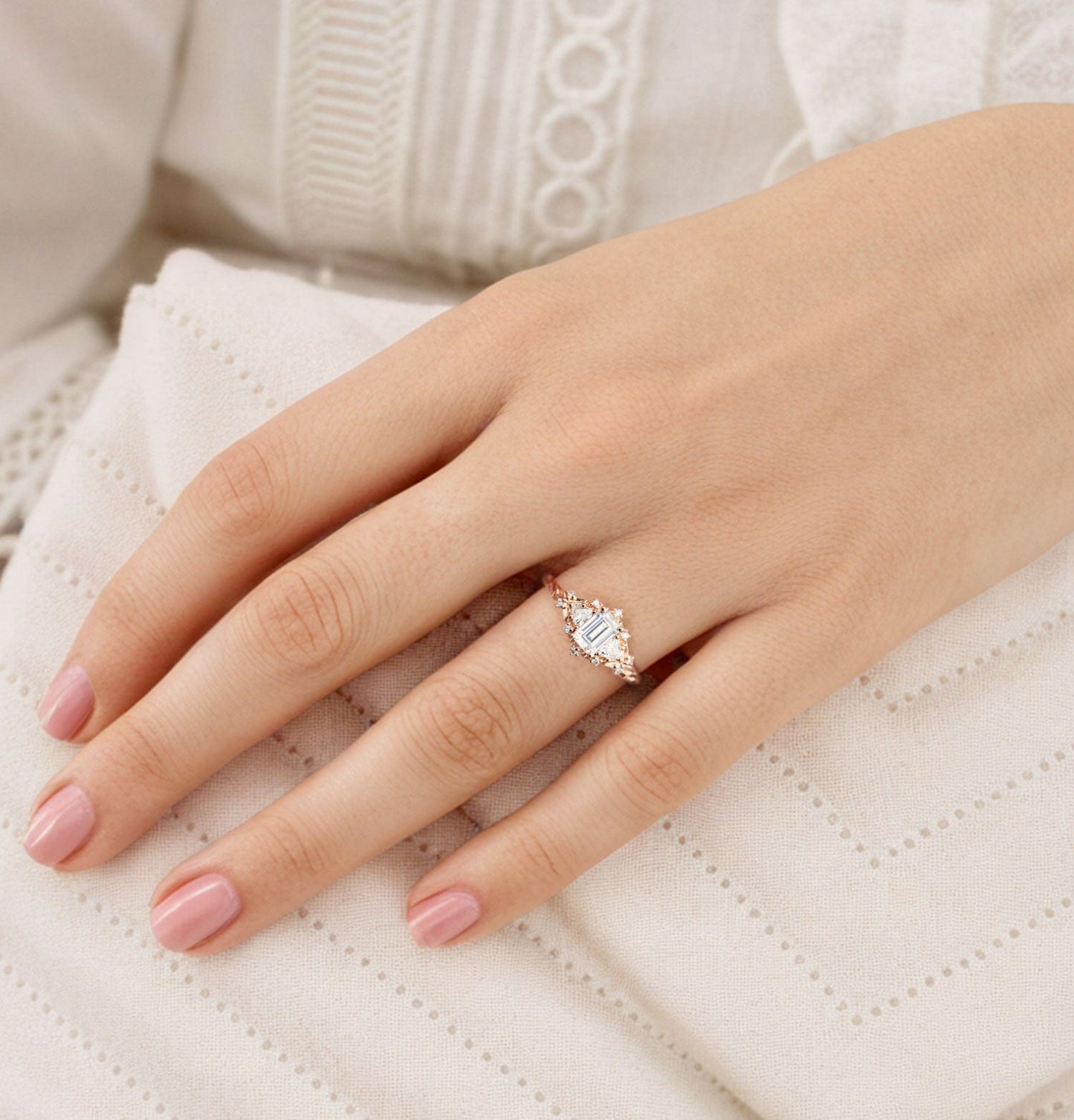 Unique Briar Rose Three Stone Emerald cut Moissanite Ring