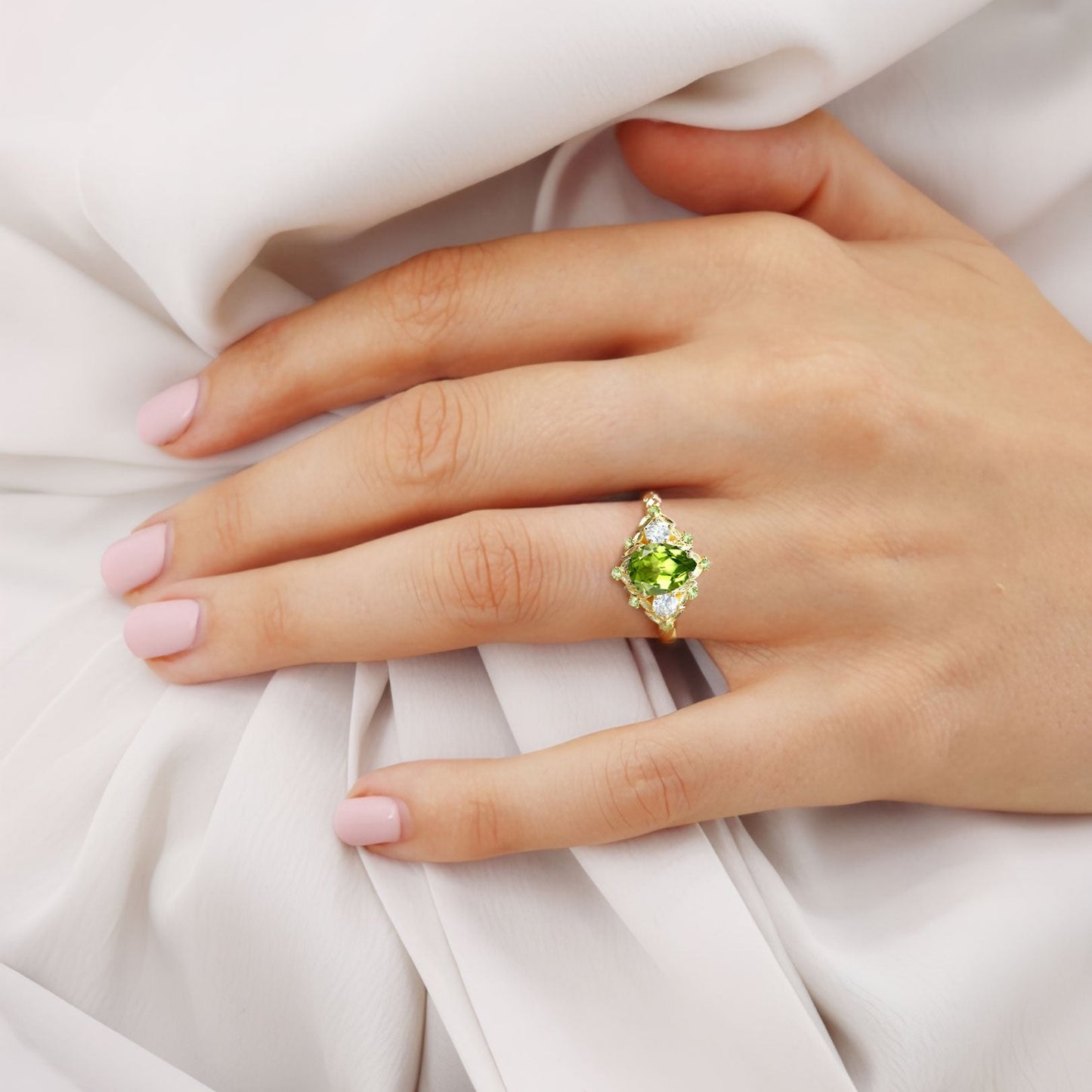 Unique floral engagement rings Pear Peridot Flower Engagement Ring Leaf Wedding Ring