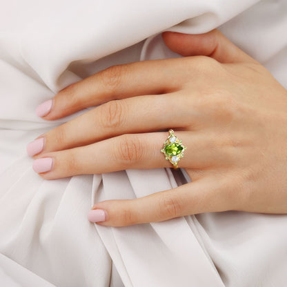 Unique floral engagement rings Pear Peridot Flower Engagement Ring Leaf Wedding Ring