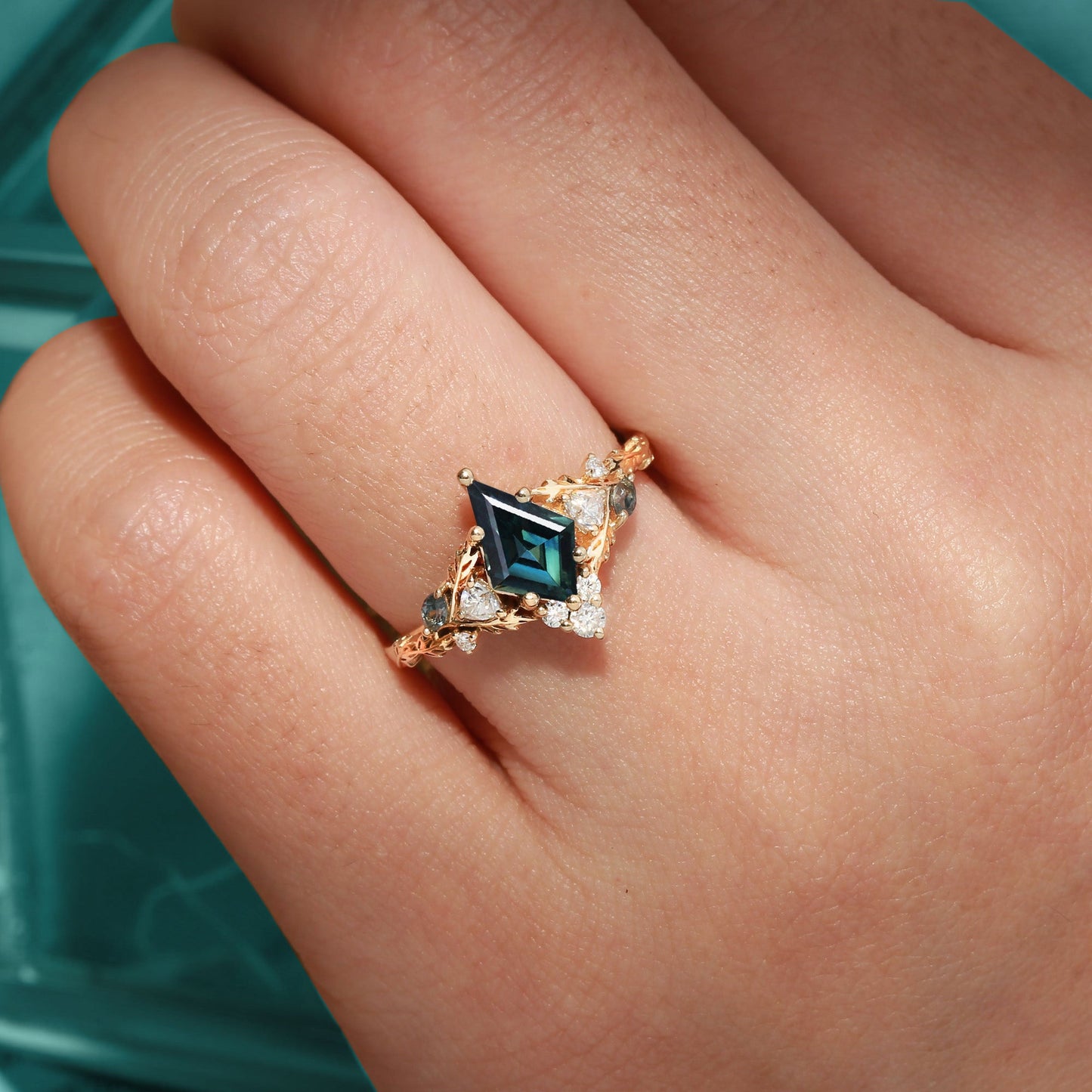 Unique floral engagement rings Kite Green Lab Sapphire Oak Leaf Engagement Ring