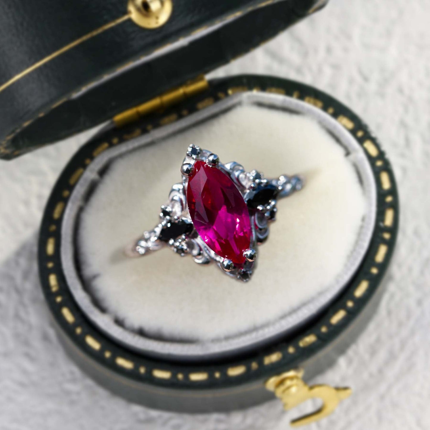 Unique Aurora Three Stone Marquise Lab Ruby and Black Onyx Ring