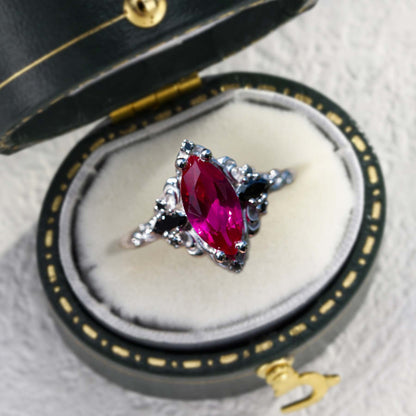 Unique Aurora Three Stone Marquise Lab Ruby and Black Onyx Ring