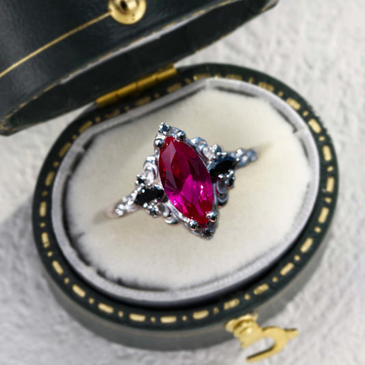 Unique Aurora Three Stone Marquise Lab Ruby and Black Onyx Ring