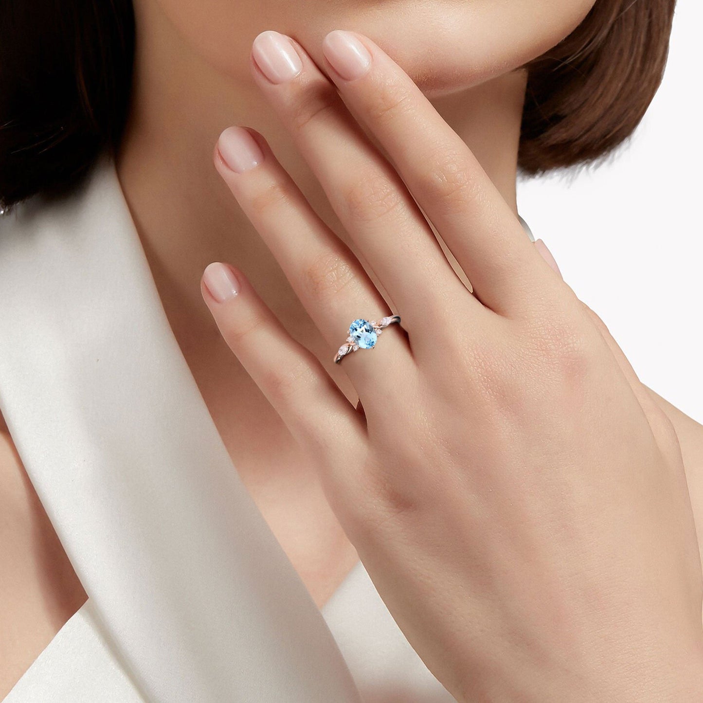 Vintage Oval Lab Aquamarine and Moissanite Split Shank Engagement Ring