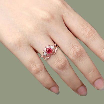 Unique floral engagement rings Hexagon Ruby Engagement Ring set Promise Proposal Ring set