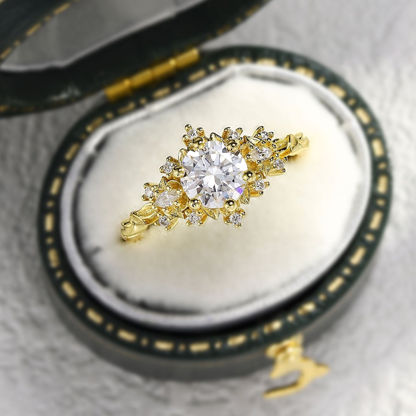 Unique floral engagement rings Rose Three Stone Round Moissanite Ring