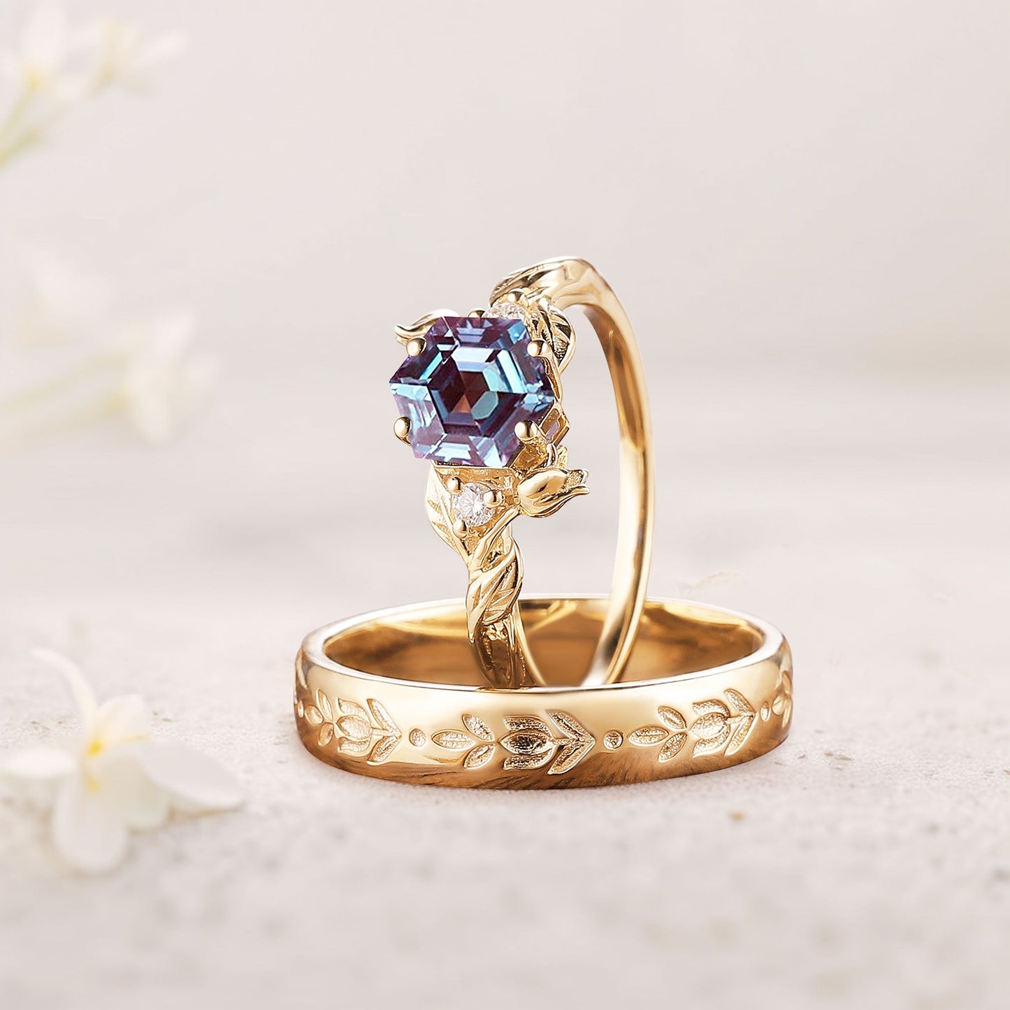 Unique Hexagon Alexandrite Couple Promise Engagement Ring Set