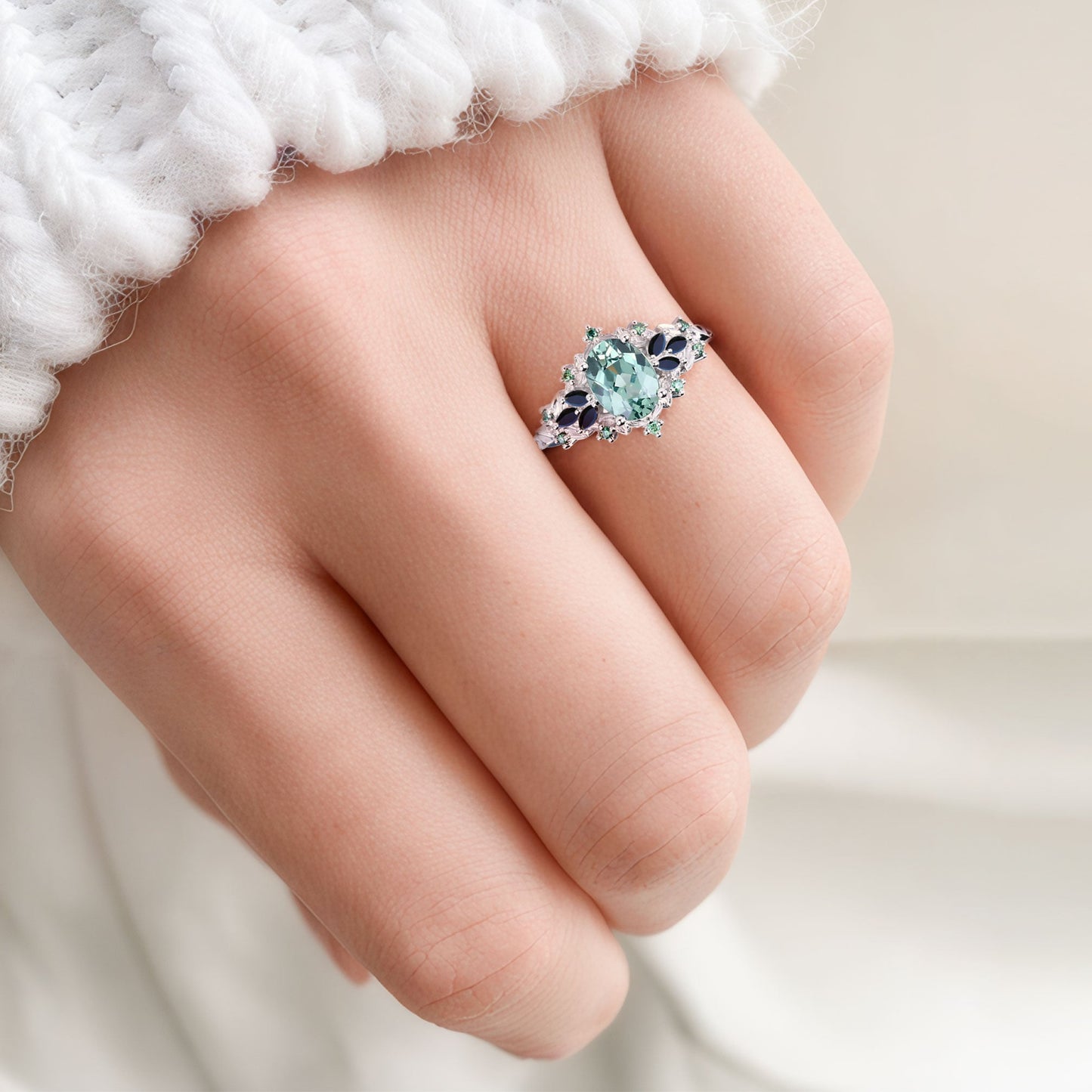 Unique Starlight Oval Green Lab Sapphire and Black Onyx Engagement Ring