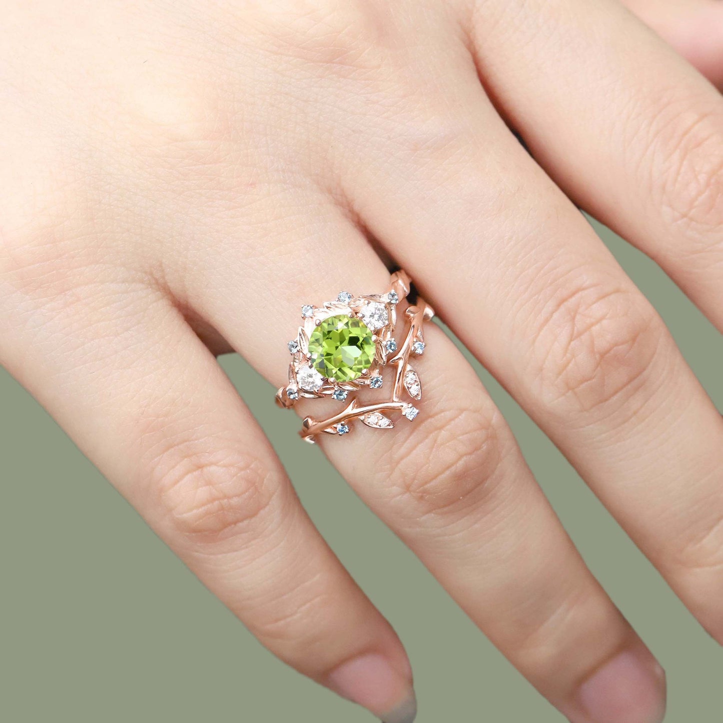 Unique Round Peridot Leaf Engagement Ring Set Moissanite Cluster Flower Wedding Ring Set