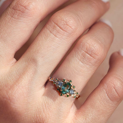 Unique floral engagement rings Rose Three-Stone Oval Green Lab Sapphire Ring