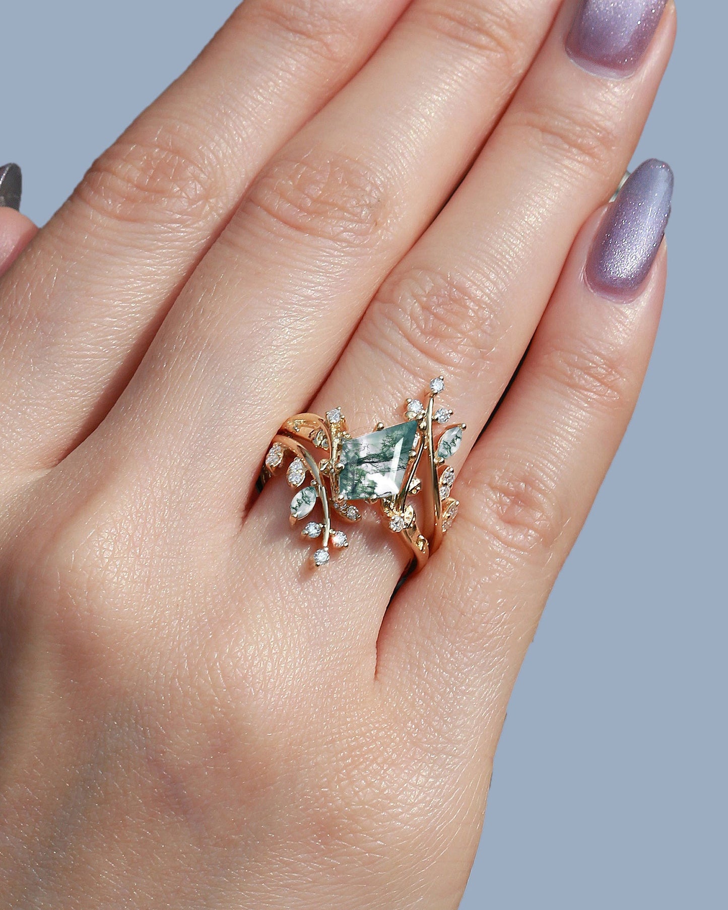 Unique floral engagement rings Kite Moss Agate Cage Leafy Engagement Ring Set