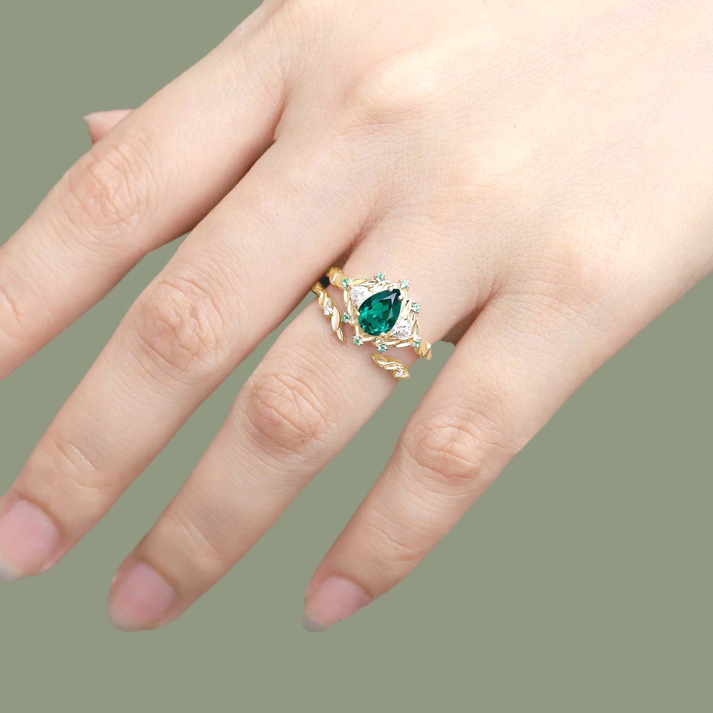 Unique Pear Lab Emerald Engagement Ring Set Leaf Wedding Ring Set