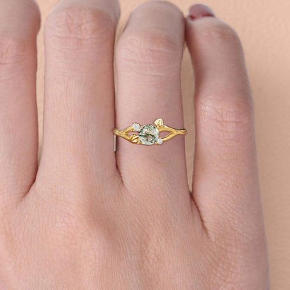 Unique floral engagement rings Round Moss Agate Leaf Engagement Ring