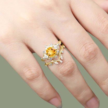 Unique floral engagement rings Round Citrine Leaf Engagement Ring Set Moissanite Cluster Flower Wedding Band