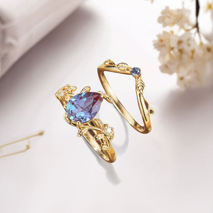 Unique Pear Lab Alexandrite Wedding Ring Set with Leaf Band