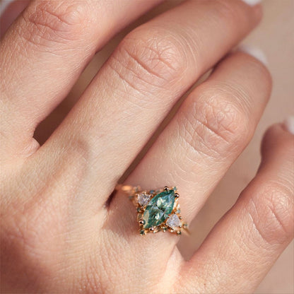 Unique floral engagement rings Marquise Teal Moissanite Ring Wedding Ring