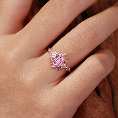 Unique floral engagement rings long hexagon Lab Padparadscha and amethyst cluster wedding ring set