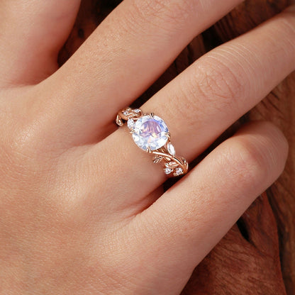Unique Nature-Inspired Round Lab Moonstone Engagement Ring Bridal Ring