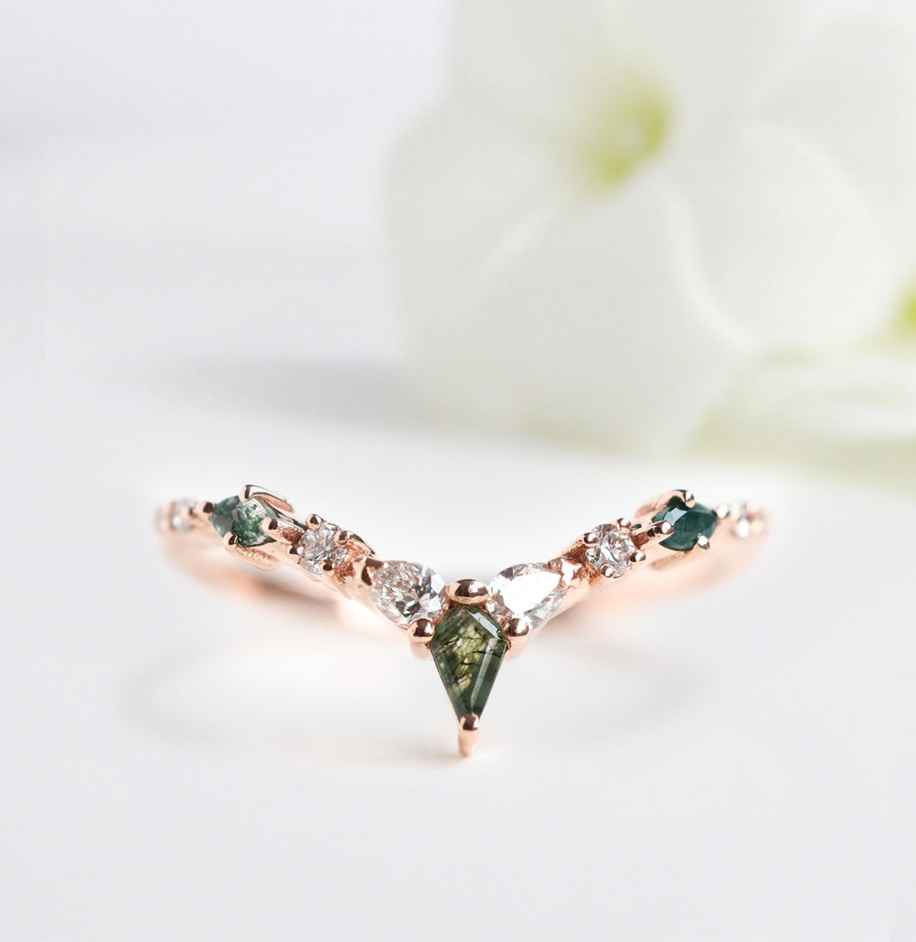 Unique Kite Moss Agate Engagement Ring Set