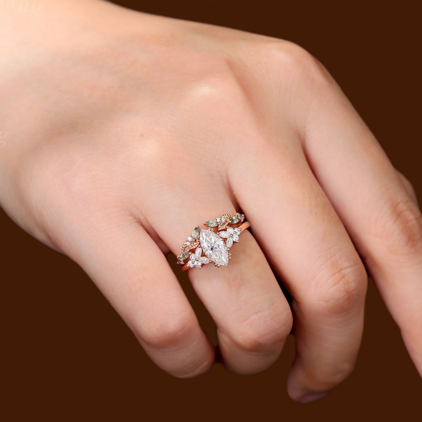 Vintage Marquise Moissanite Engagement ring set Cluster shank leaf Bridal Set