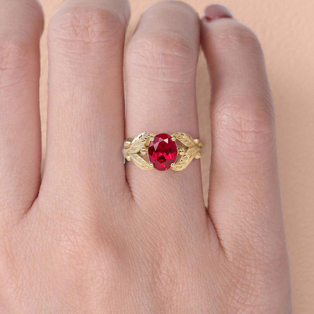 Unique floral engagement rings Oval Lab Ruby with Leaves Engagement Ring