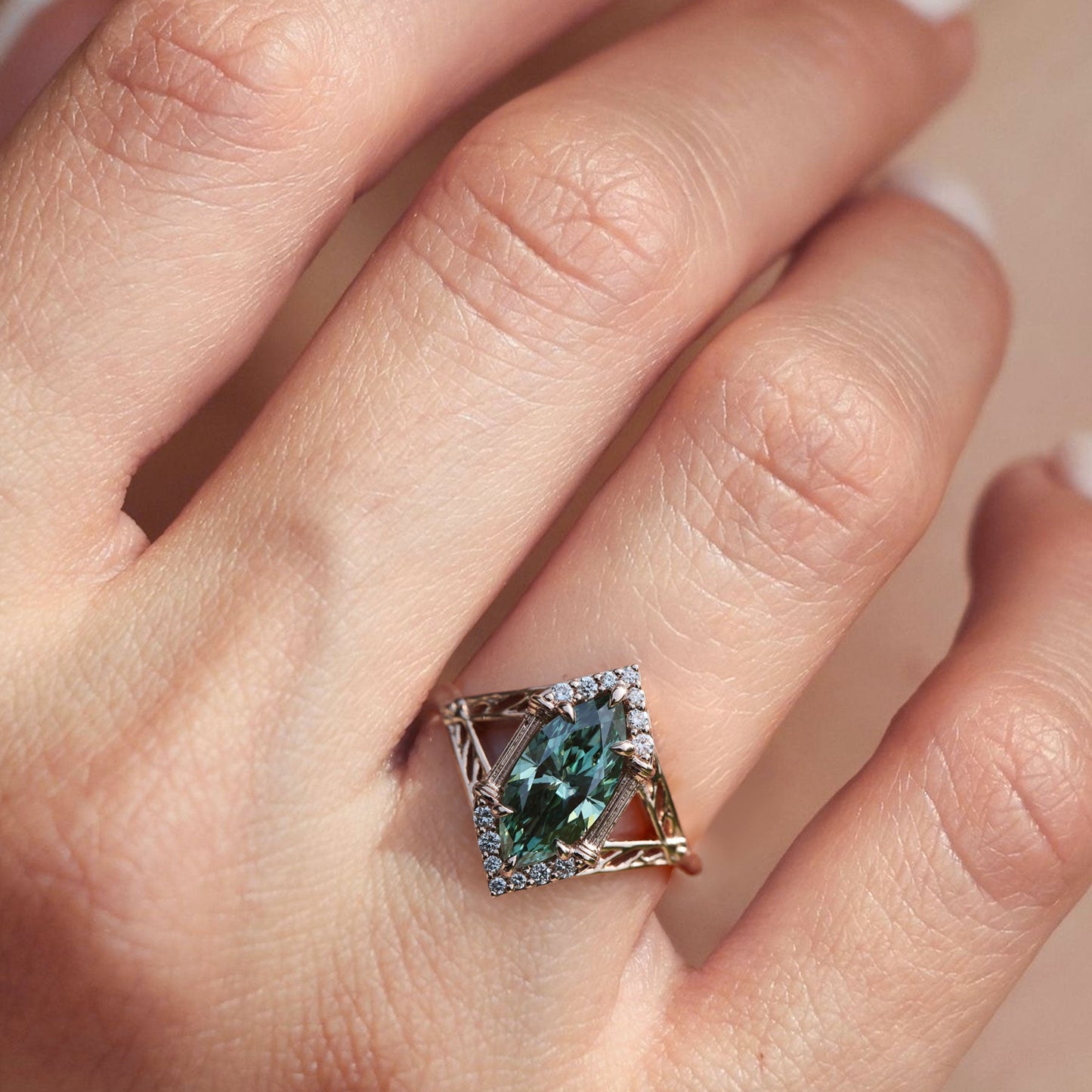 Unique Marquise Green Lab Sapphire Engagement Ring