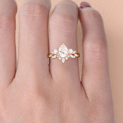 Unique floral Three Stone Pear Moissanite Cluster Engagement Ring