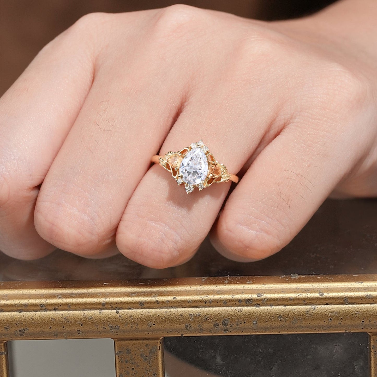 Unique Pear Moissanite Leaf Ring Engagement Ring