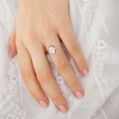 Vintage Emerald Moissanite Engagement Ring Whimsical Charm Bridal Ring