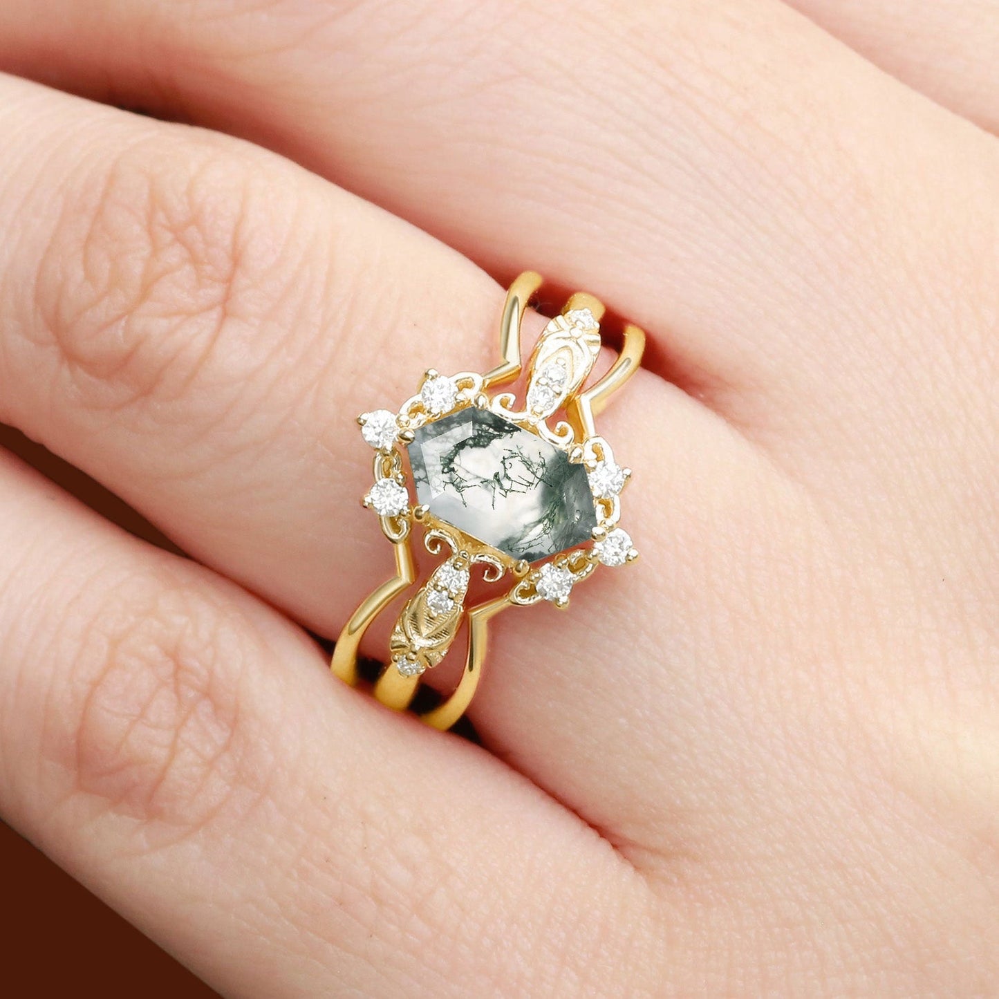 Vintage floral engagement rings Long Hexagon Moss Agate Wedding Ring Set