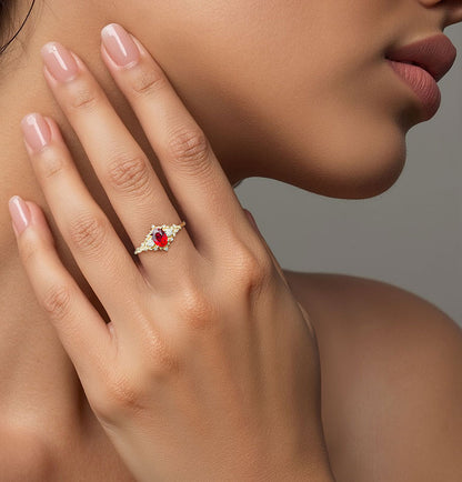 Unique Floral Rose Three Stone Oval Lab Ruby and Moissanite Ring