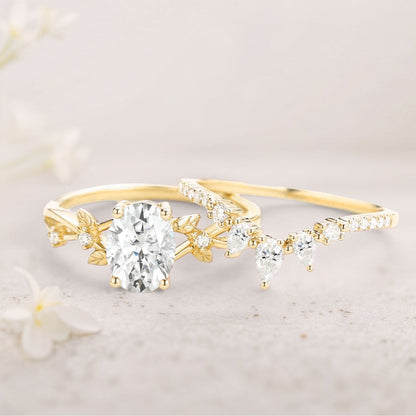 Unique floral engagement rings Oval Moissanite Leafy Wedding Ring Bridal Ring Set