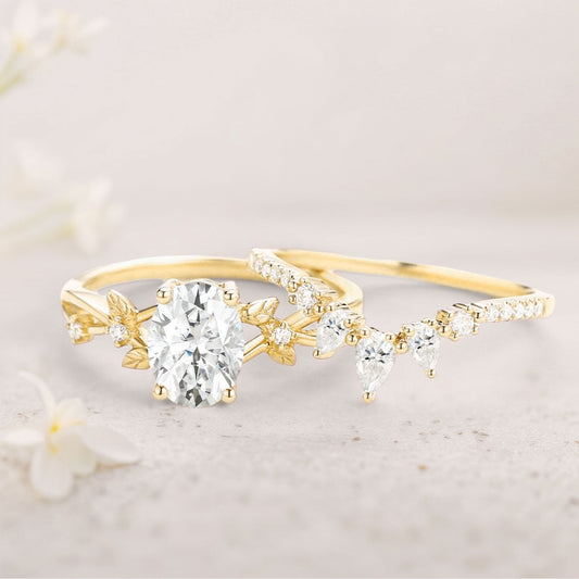 Unique floral engagement rings Oval Moissanite Leafy Wedding Ring Bridal Ring Set