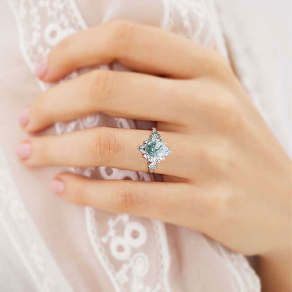 Vintage Briar Rose Oval Moss Agate Engagement Ring Olive Leaves Ring