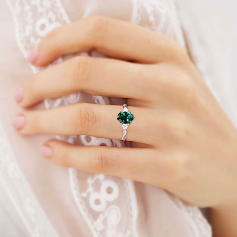 Unique Three Stone Oval Lab Emerald Ring  Engagement Ring