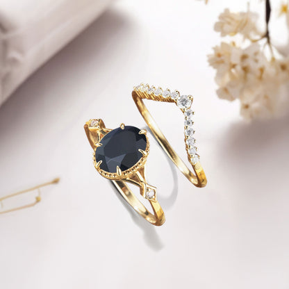 Vintage Oval Black Onyx and Moissanite Bridal Set