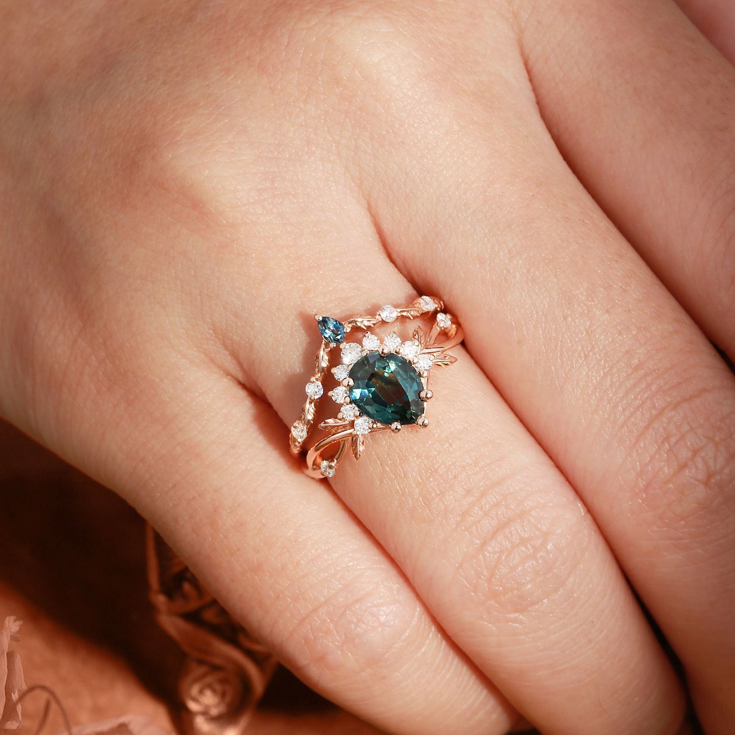 Vintage floral engagement rings Pear Green Lab Sapphire Engagement Ring Set