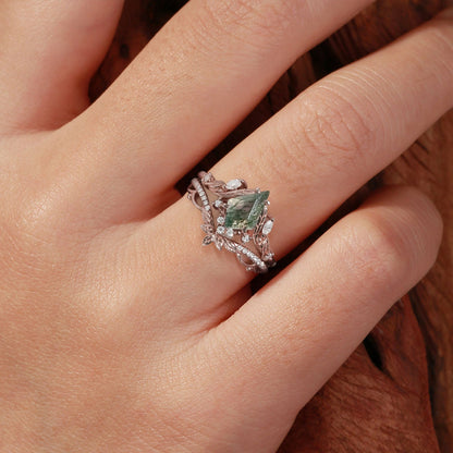 Unique floral engagement rings Kite Moss Agate Moissanite Leaf Engagement Ring Set