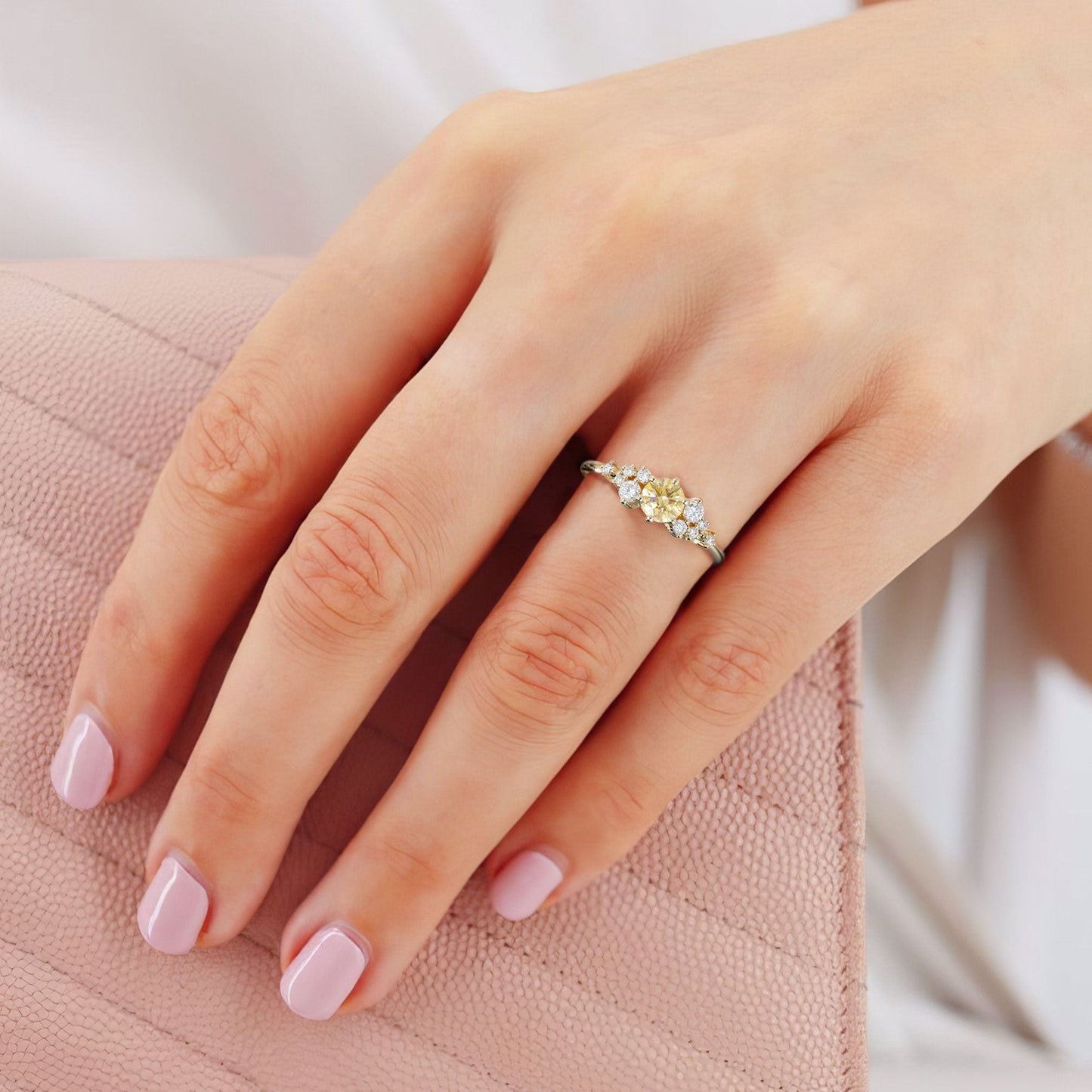 Unique Round Citrine Dainty Tapered Wedding Band