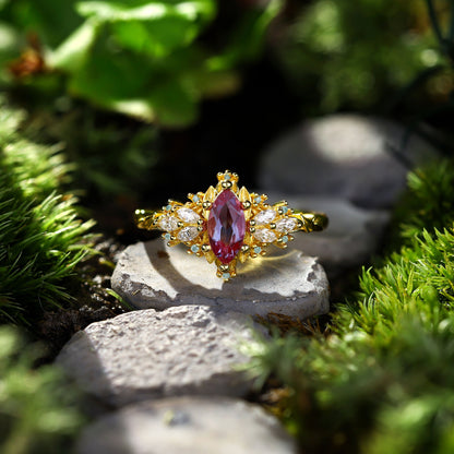 Unique Briar Rose Starlight Marquise Lab Alexandrite Ring