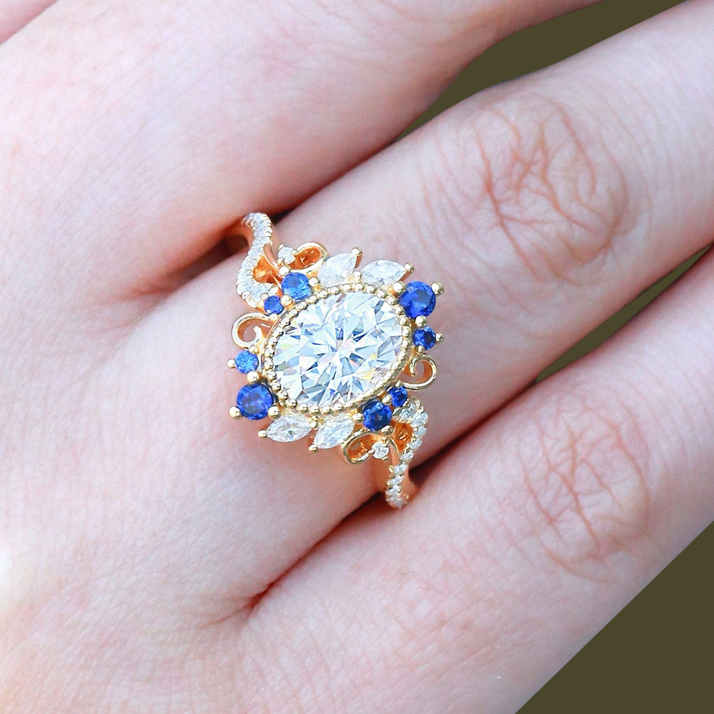 Unique floral engagement rings Halo Oval Moissanite and Lab Sapphire Twist Ring
