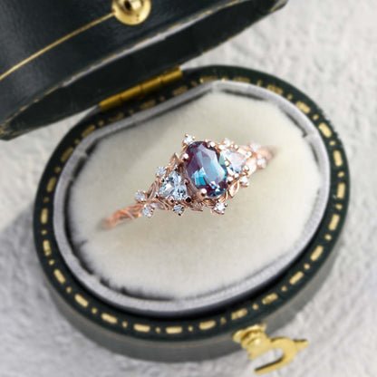 Unique Briar Rose Oval Lab Alexandrite and Moissanite Ring