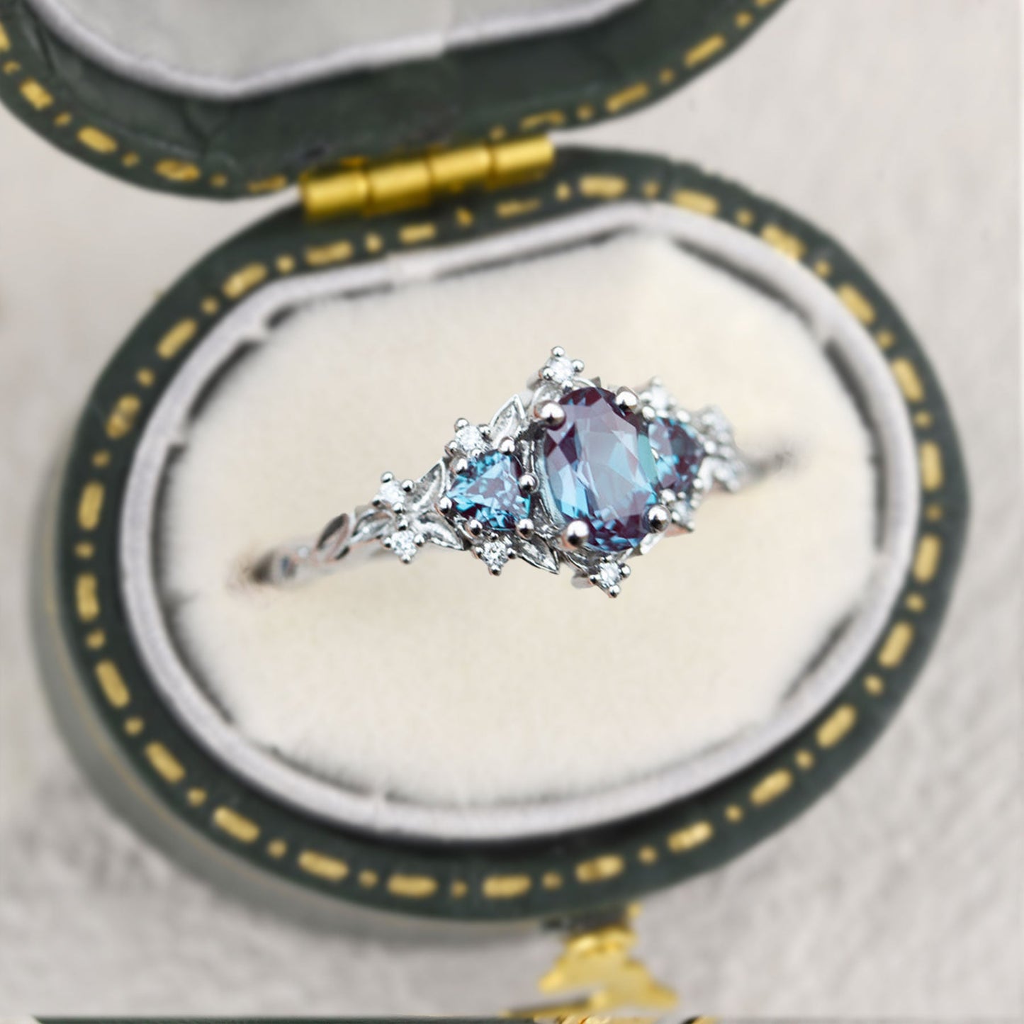 Unique Briar Rose Three Stone Oval Lab Alexandrite Ring