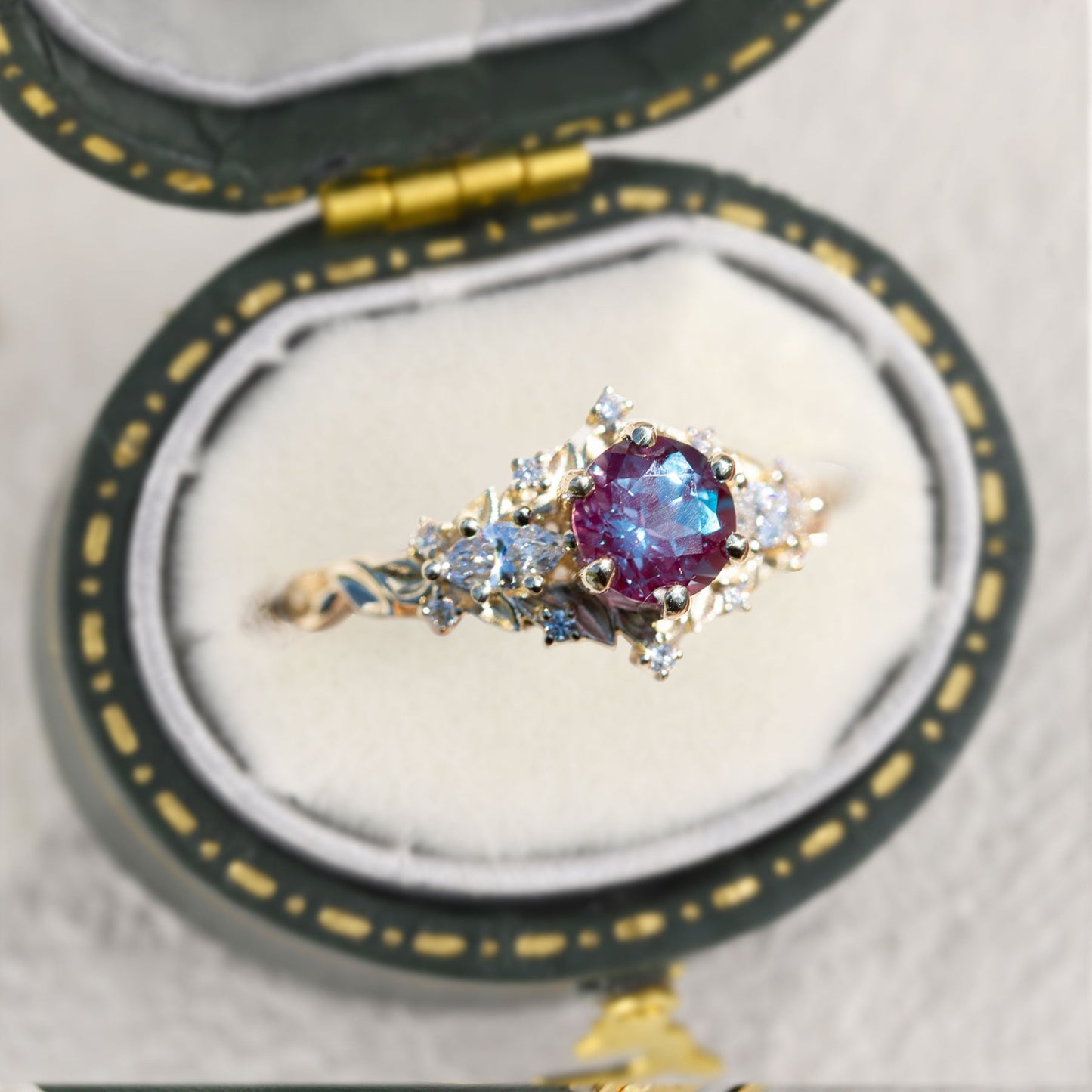 Unique Briar Rose Three Stone Round Lab Alexandrite Ring